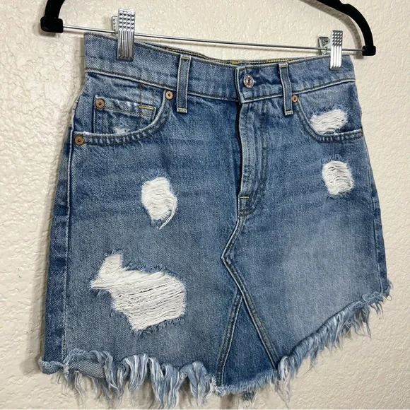 7 For All Mankind Distressed Raw Hem Frayed Denim Jean Mini Skirt Size 24 - Picture 6 of 14